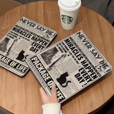 Black cat English newspaper shockproof full cover iPad case