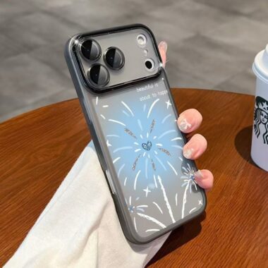 Blue firework shockproof iPhone 17 case with lens protector