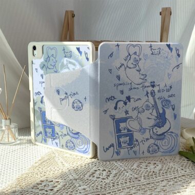 Cartoon blue line cat 360 rotating shockproof iPad case