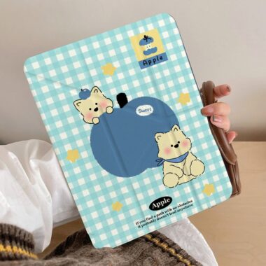 Blue plaid puppy cartoon Y-fold shockproof iPad case