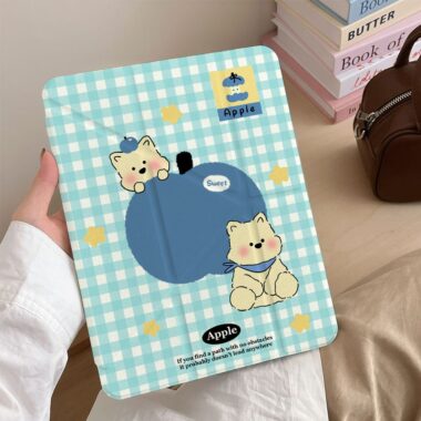 Blue plaid puppy cartoon Y-fold shockproof iPad case