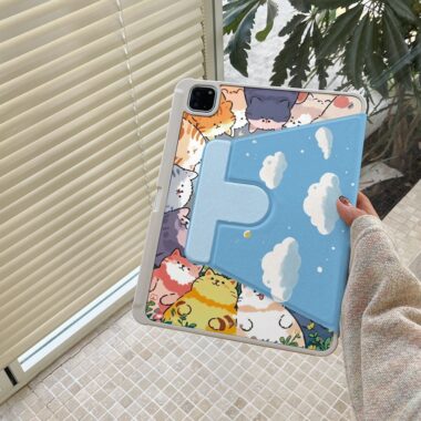 Cartoon blue sky cat Y fold tri fold shockproof iPad case
