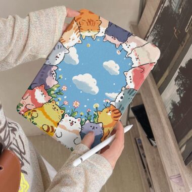 Cartoon blue sky cat Y fold tri fold shockproof iPad case