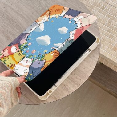 Cartoon blue sky cat Y fold tri fold shockproof iPad case