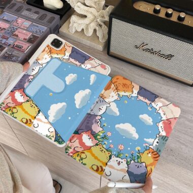 Cartoon blue sky cat Y fold tri fold shockproof iPad case