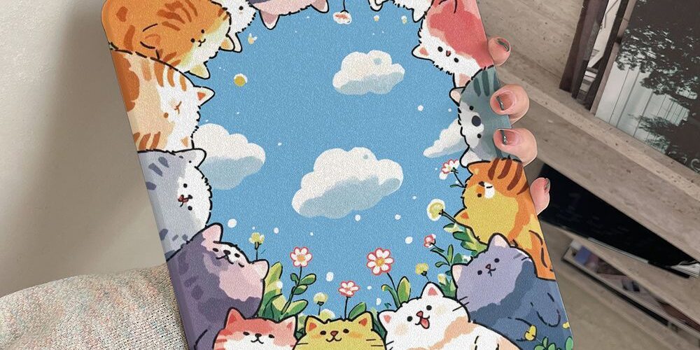 Cartoon blue sky cat Y fold tri fold shockproof iPad case