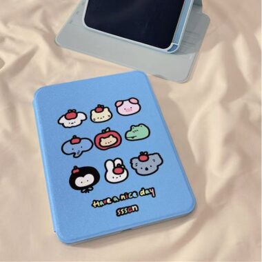 Blue grid cartoon animals 360 rotating shockproof iPad case