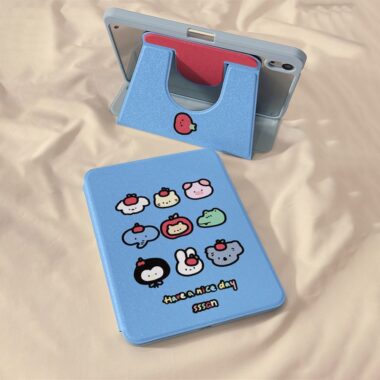 Blue grid cartoon animals 360 rotating shockproof iPad case