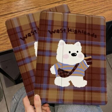 Cute puppy plaid tri-fold shockproof iPad case cover