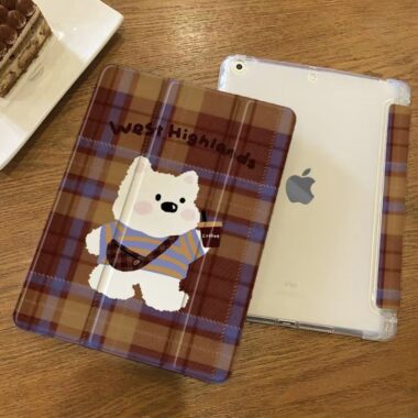 Cute puppy plaid tri-fold shockproof iPad case cover