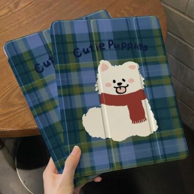 Cute puppy plaid tri-fold shockproof iPad case cover