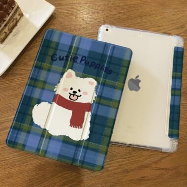 Cute puppy plaid tri-fold shockproof iPad case cover