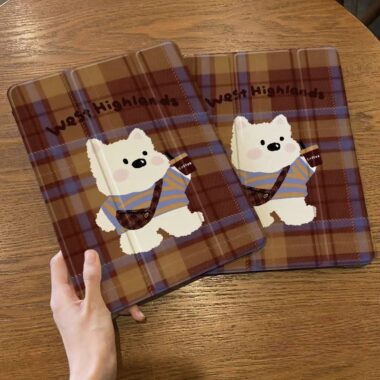 Cute puppy plaid tri-fold shockproof iPad case cover