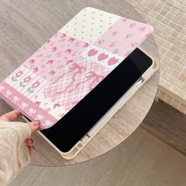 Cartoon floral patchwork bow 360 rotating iPad case