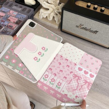 Cartoon floral patchwork bow 360 rotating iPad case