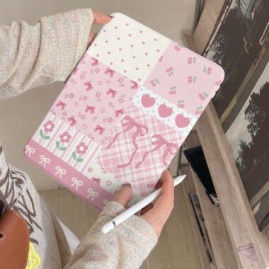 Cartoon floral patchwork bow 360 rotating iPad case