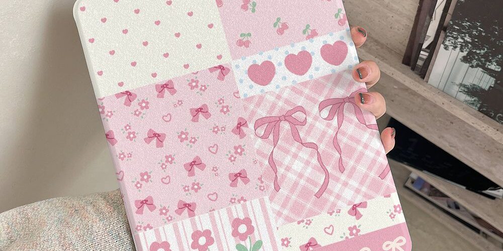 Cartoon floral patchwork bow 360 rotating iPad case