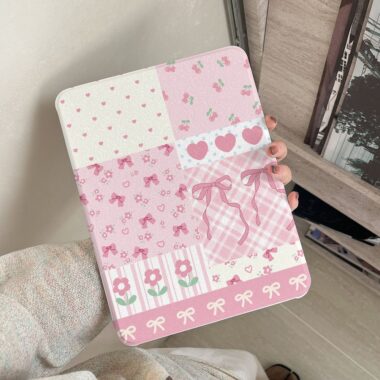 Cartoon floral patchwork bow 360 rotating iPad case
