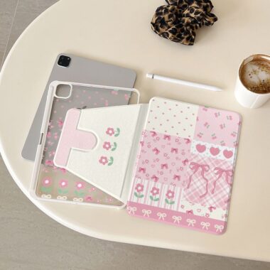 Cartoon floral patchwork bow 360 rotating iPad case