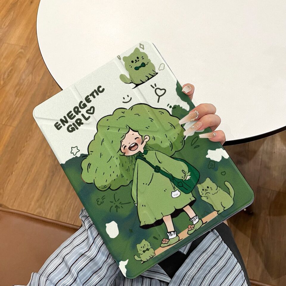 Cartoon green hair girl cat Y fold tri fold iPad case