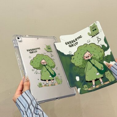 Cartoon green hair girl cat Y fold tri fold iPad case