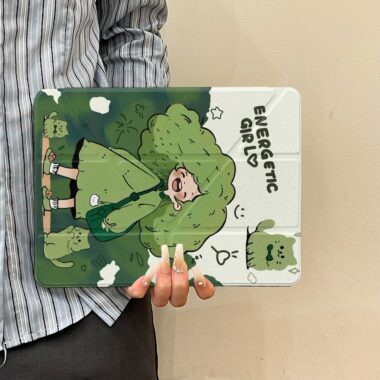 Cartoon green hair girl cat Y fold tri fold iPad case