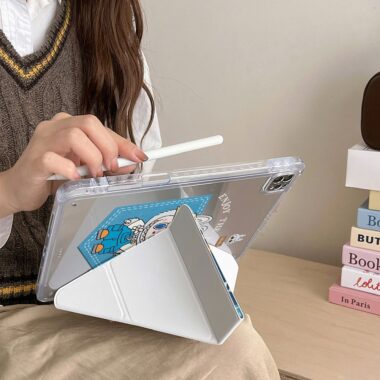 Cartoon denim Labubu Y-fold protective iPad case