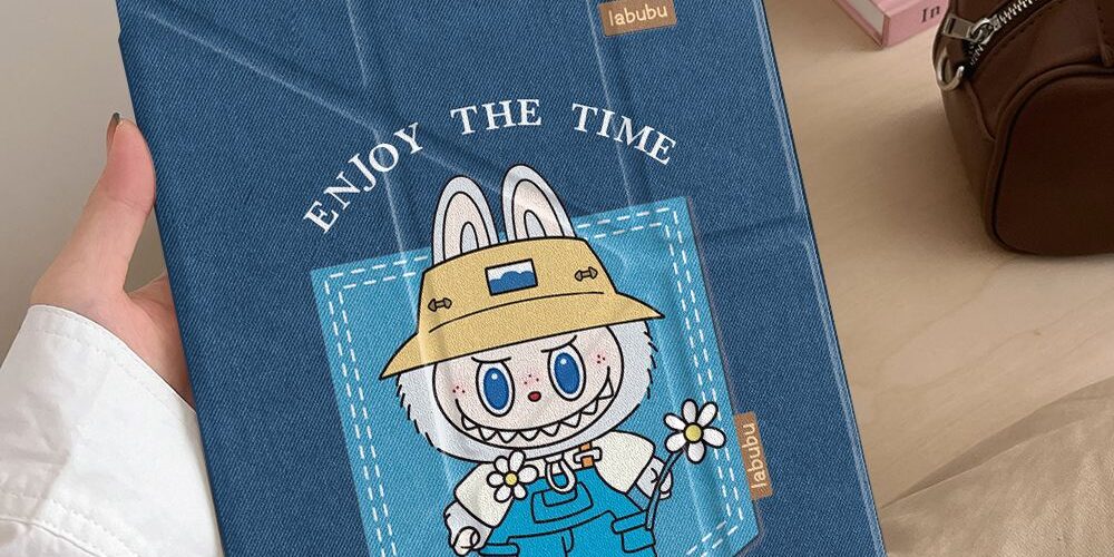 Cartoon denim Labubu Y-fold protective iPad case