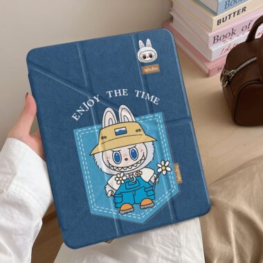 Cartoon denim Labubu Y-fold protective iPad case