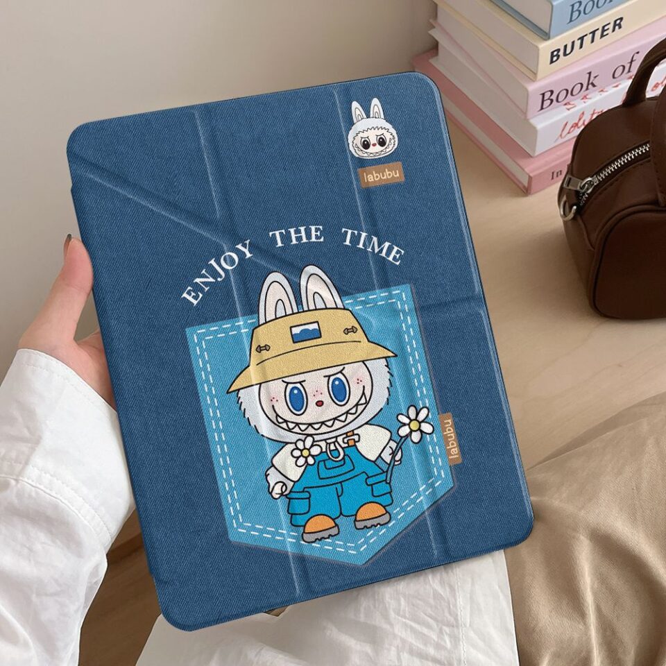 Cartoon denim Labubu Y-fold protective iPad case