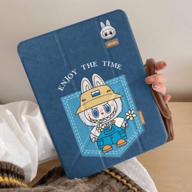 Cartoon denim Labubu Y-fold protective iPad case