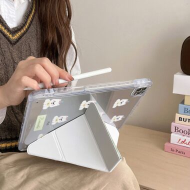 Mint green plaid puppy Y-fold protective iPad case