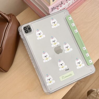 Mint green plaid puppy Y-fold protective iPad case