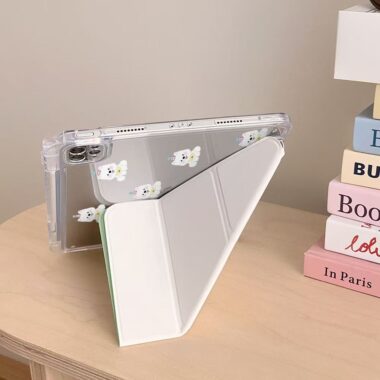 Mint green plaid puppy Y-fold protective iPad case