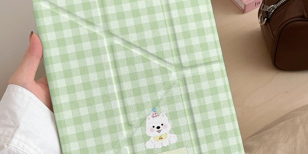 Mint green plaid puppy Y-fold protective iPad case