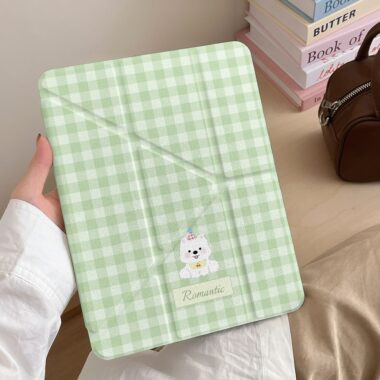 Mint green plaid puppy Y-fold protective iPad case