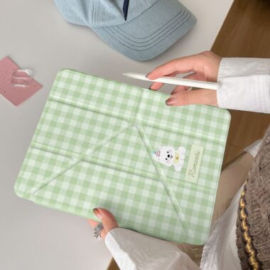 Mint green plaid puppy Y-fold protective iPad case