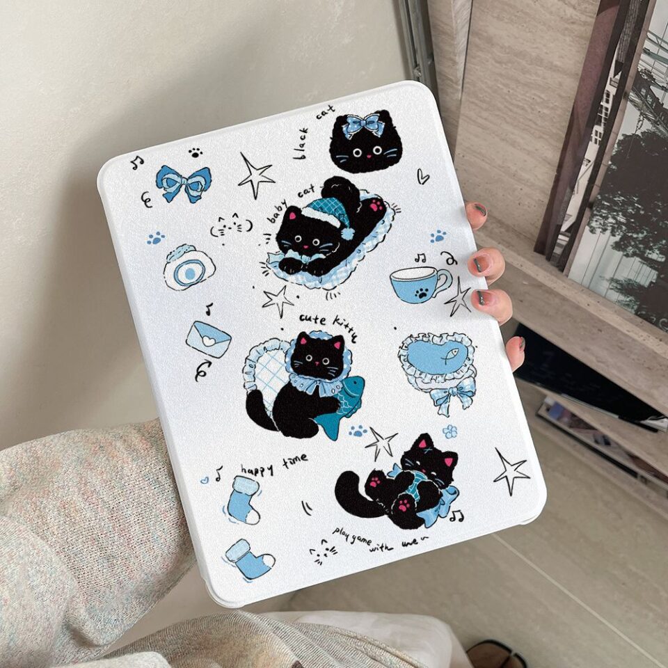 Cartoon pajama gradient black cat 360 rotating iPad case