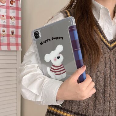 Cartoon plaid sweater dog Y-fold protective iPad case