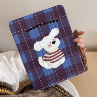 Cartoon plaid sweater dog Y-fold protective iPad case