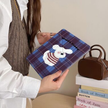 Cartoon plaid sweater dog Y-fold protective iPad case