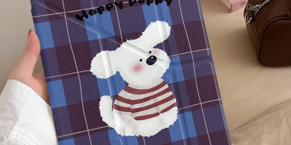 Cartoon plaid sweater dog Y-fold protective iPad case