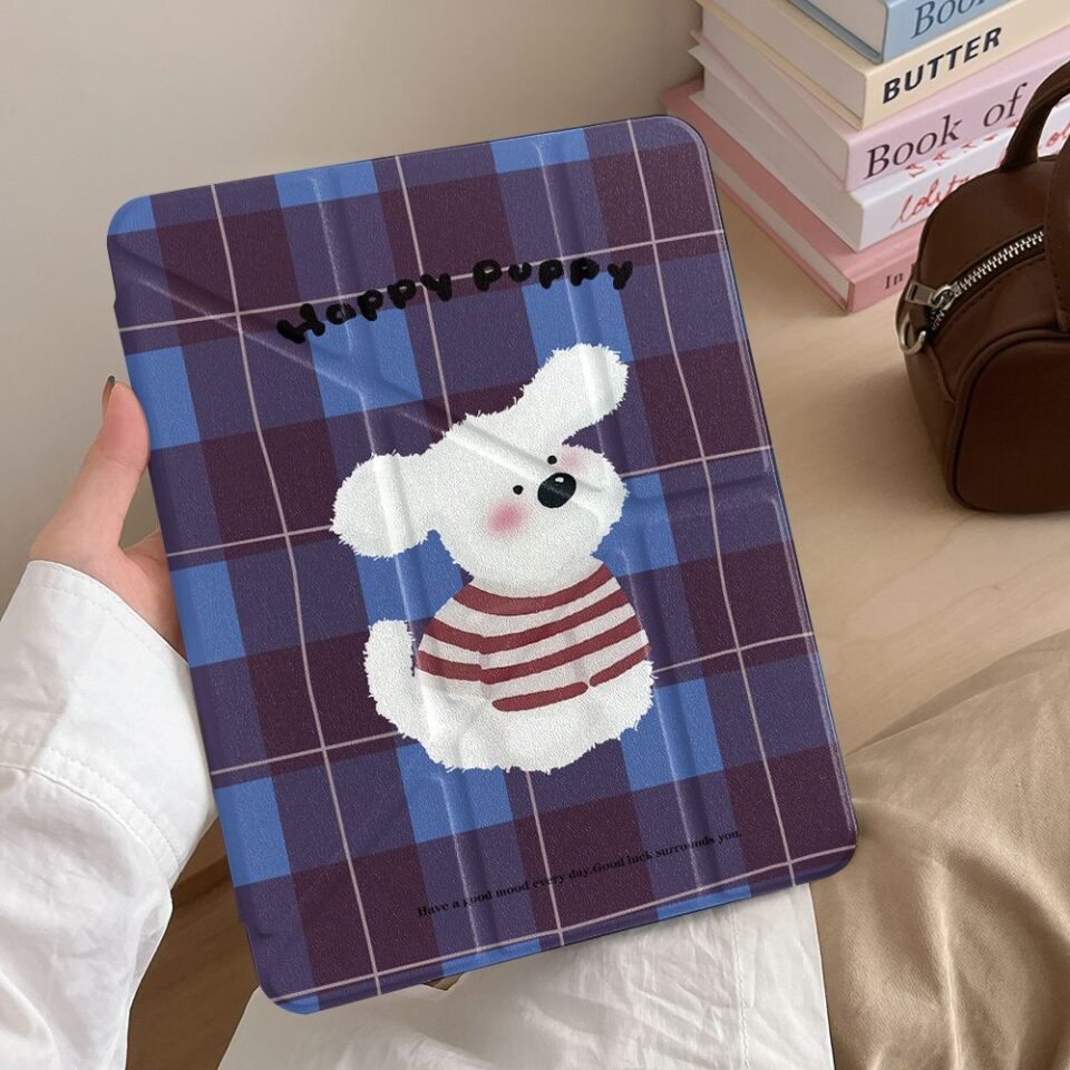 Cartoon plaid sweater dog Y-fold protective iPad case