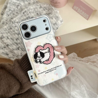 Cartoon puppy plush leather full cover iPhone 17 case