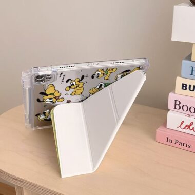 Cartoon yellow plaid Pluto dog Y-fold shockproof iPad case