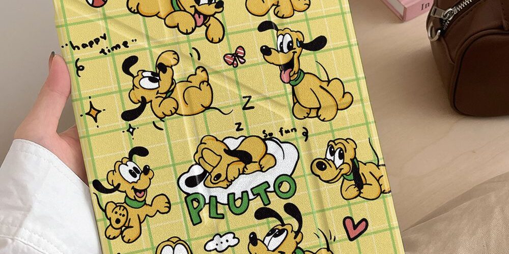 Cartoon yellow plaid Pluto dog Y-fold shockproof iPad case