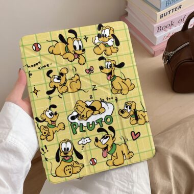 Cartoon yellow plaid Pluto dog Y-fold shockproof iPad case