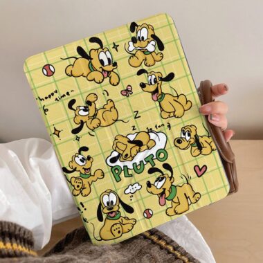 Cartoon yellow plaid Pluto dog Y-fold shockproof iPad case