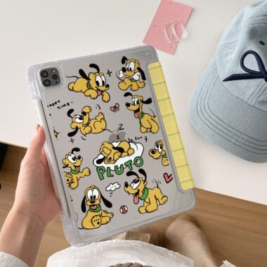 Cartoon yellow plaid Pluto dog Y-fold shockproof iPad case