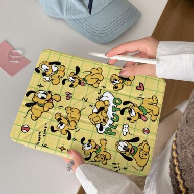 Cartoon yellow plaid Pluto dog Y-fold shockproof iPad case
